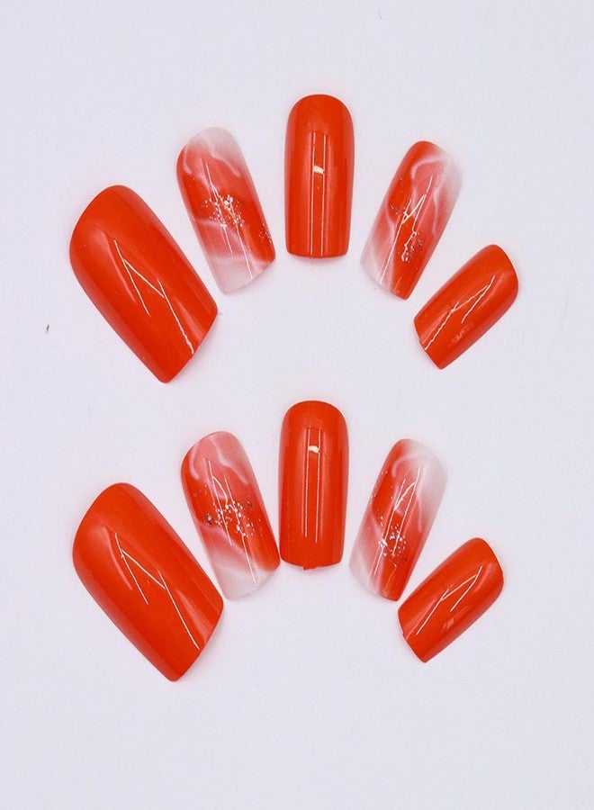 CTTHNBD Medium Press on Nails Square - Orange Fake Nails with Gold Foil Design - Glossy Full Cover Stick on False Nails - for Women 24 Pcs - Image 5